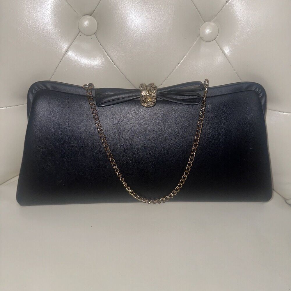 Vintage Admiral Black Clutch Purse Antique Gold Hardware EUC